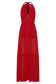 Meshki Maxi Dresses Women Marianna Tiered Halter Maxi Dress 8211 Vermilion Red Vermilionred