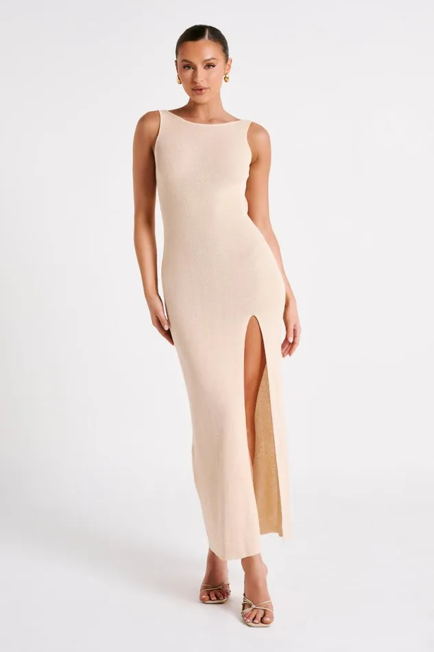 Meshki Maxi Dresses Women Maxine Sheer Knit Maxi Dress 8211 Wheat Wheat