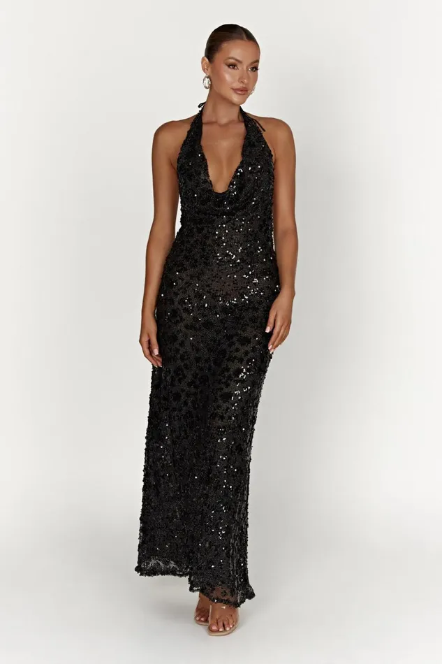 Meshki Maxi Dresses Women Nicola Plunge Neck Sequin Maxi Dress 8211 Black Black