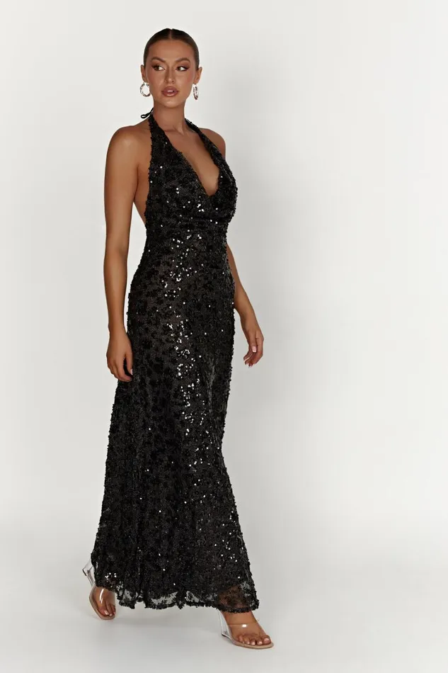 Meshki Maxi Dresses Women Nicola Plunge Neck Sequin Maxi Dress 8211 Black Black