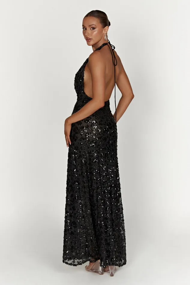 Meshki Maxi Dresses Women Nicola Plunge Neck Sequin Maxi Dress 8211 Black Black