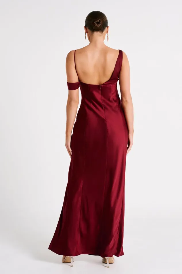 Meshki Maxi Dresses Women Soleil Satin Off Shoulder Maxi Dress 8211 Berry Berry