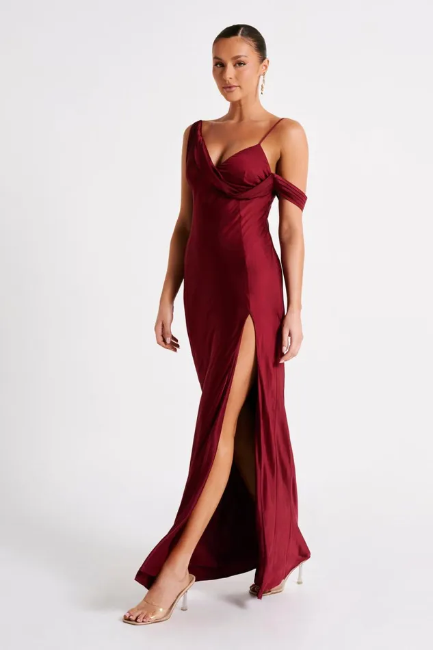 Meshki Maxi Dresses Women Soleil Satin Off Shoulder Maxi Dress 8211 Berry Berry