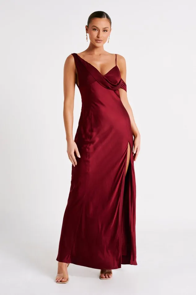 Meshki Maxi Dresses Women Soleil Satin Off Shoulder Maxi Dress 8211 Berry Berry