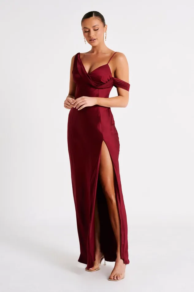 Meshki Maxi Dresses Women Soleil Satin Off Shoulder Maxi Dress 8211 Berry Berry