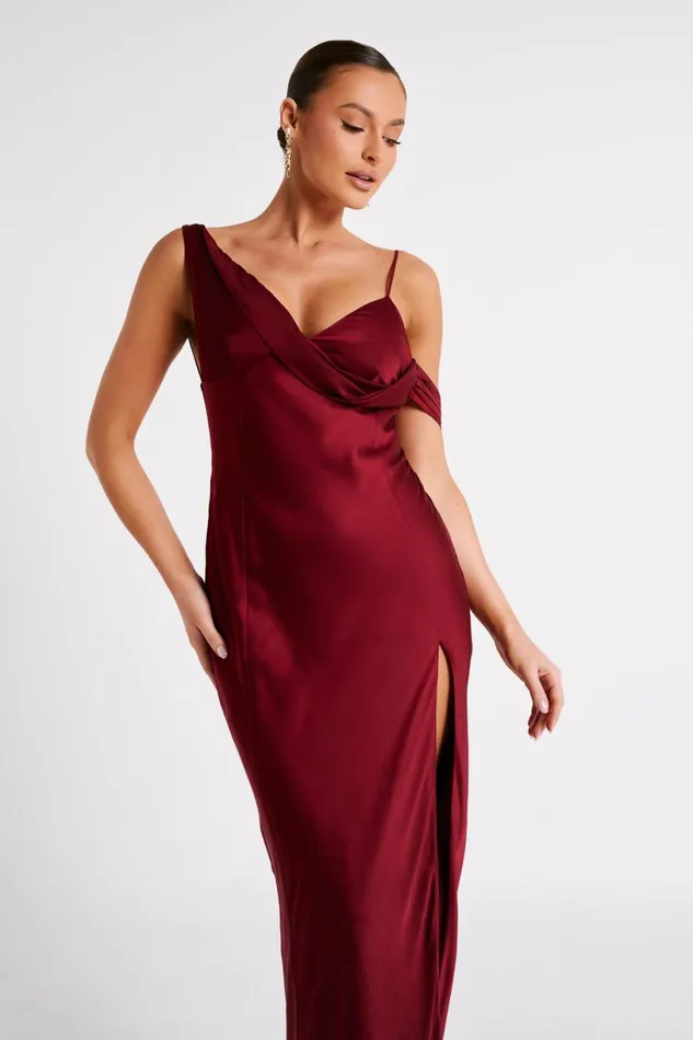 Meshki Maxi Dresses Women Soleil Satin Off Shoulder Maxi Dress 8211 Berry Berry
