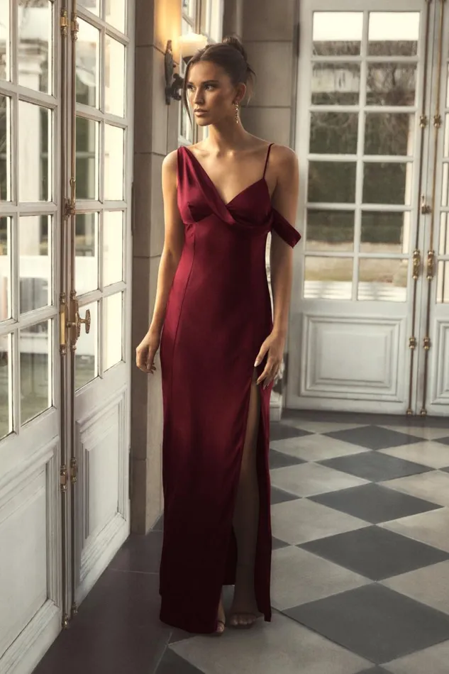 Meshki Maxi Dresses Women Soleil Satin Off Shoulder Maxi Dress 8211 Berry Berry