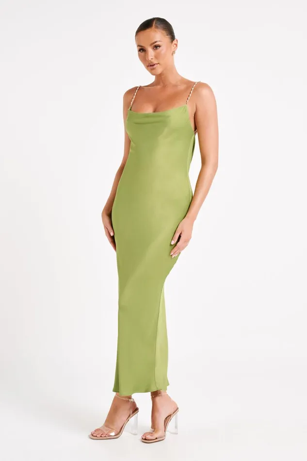 Meshki Midi Dresses Women Adela Cowl Midi Dress With Pearl Trim 8211 Parakeet Green Parakeetgreen