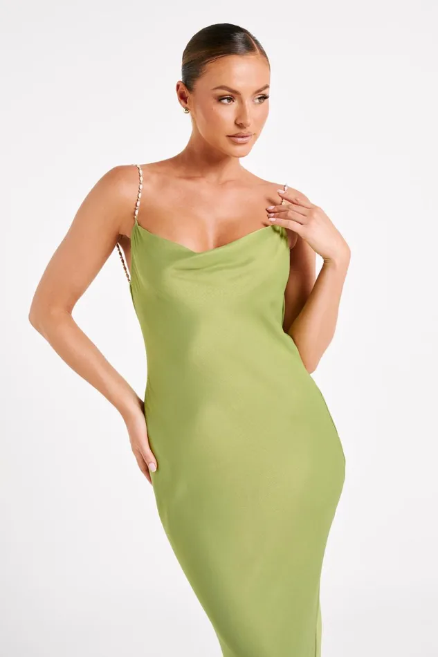 Meshki Midi Dresses Women Adela Cowl Midi Dress With Pearl Trim 8211 Parakeet Green Parakeetgreen