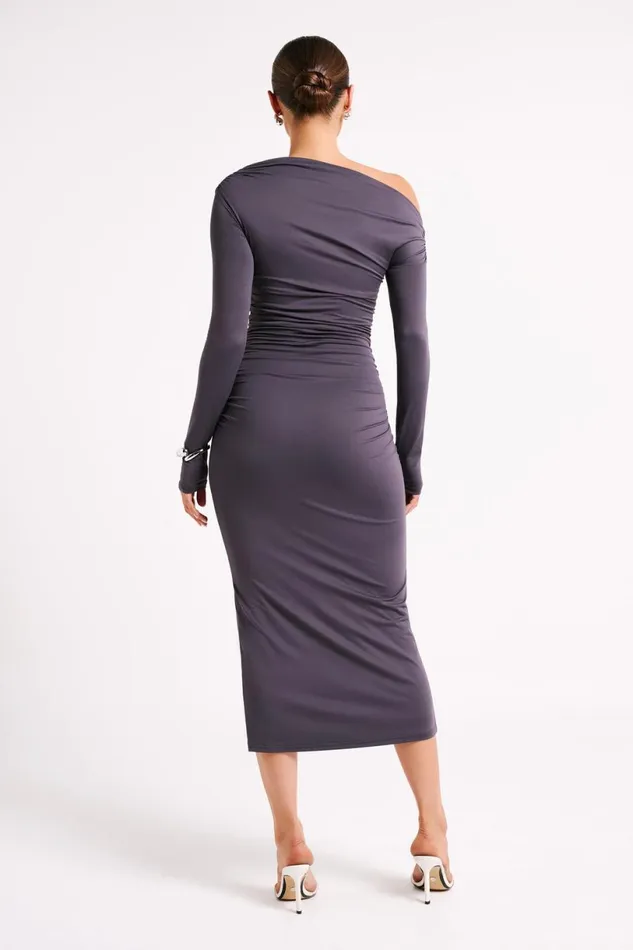 Meshki Midi Dresses Women Christabel Recycled Nylon Ruched Midi Dress 8211 Charcoal Charcoal