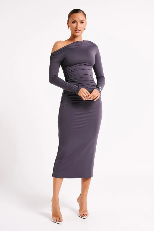 Meshki Midi Dresses Women Christabel Recycled Nylon Ruched Midi Dress 8211 Charcoal Charcoal