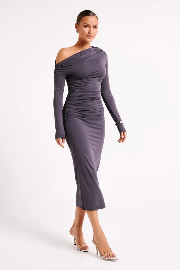 Meshki Midi Dresses Women Christabel Recycled Nylon Ruched Midi Dress 8211 Charcoal Charcoal