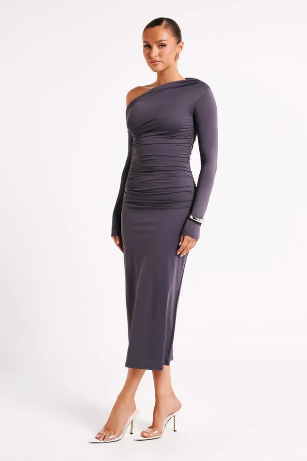 Meshki Midi Dresses Women Christabel Recycled Nylon Ruched Midi Dress 8211 Charcoal Charcoal