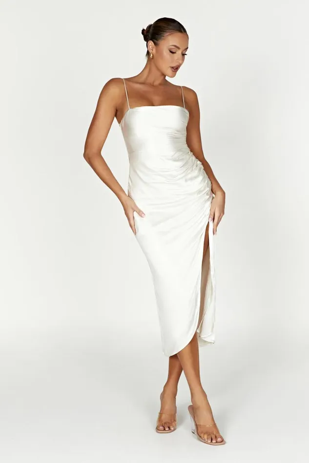 Meshki Midi Dresses Women Claudette Satin Drape Midi Dress 8211 Ivory Ivory Meshki Midi Dresses Women Claudette Satin Drape Midi Dress 8211 Ivory Ivory