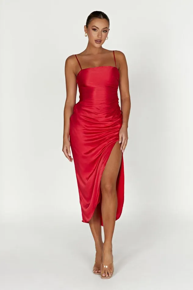 Meshki Midi Dresses Women Claudette Satin Drape Midi Dress 8211 Red Red Meshki Midi Dresses Women Claudette Satin Drape Midi Dress 8211 Red Red