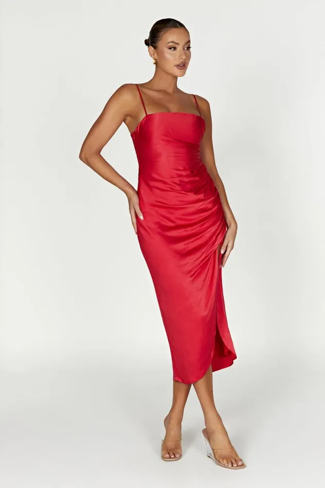 Meshki Midi Dresses Women Claudette Satin Drape Midi Dress 8211 Red Red Meshki Midi Dresses Women Claudette Satin Drape Midi Dress 8211 Red Red