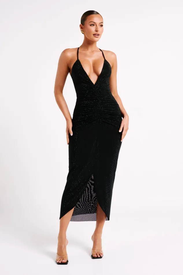 Meshki Midi Dresses Women Emeraude Diamante Ruched Midi Dress 8211 Black Black