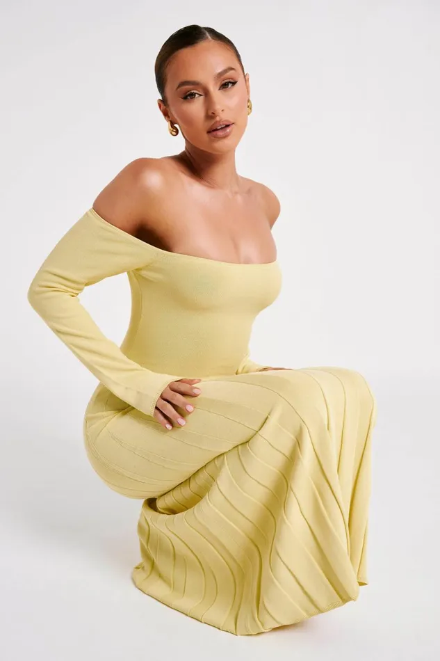 Meshki Midi Dresses Women Emmeline Long Sleeve Rib Knit Midi Dress 8211 Lemon Lemon