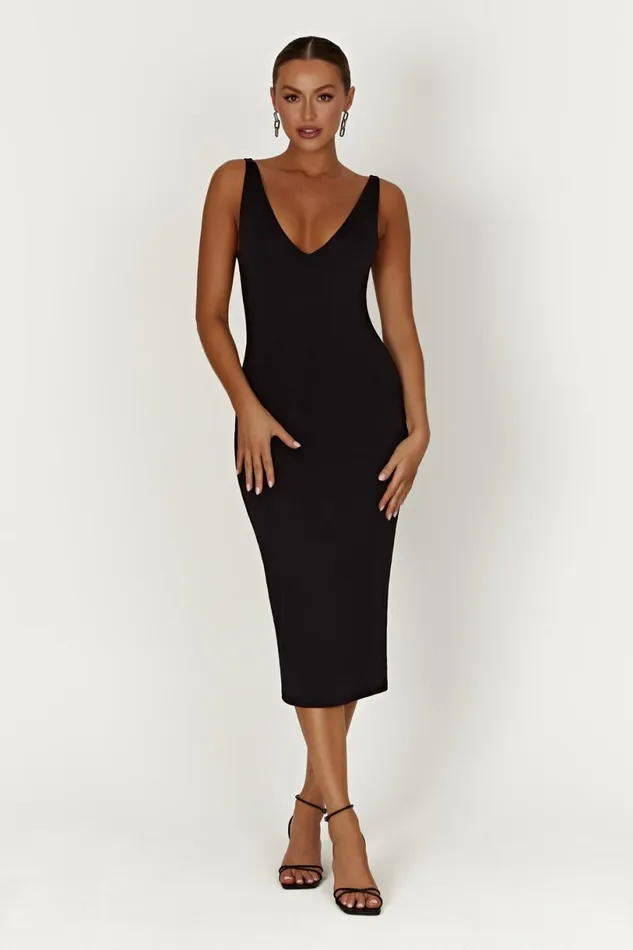 Meshki Midi Dresses Women Gretel Recycled Nylon V Neck Midi Dress 8211 Black Black Meshki Midi Dresses Women Gretel Recycled Nylon V Neck Midi Dress 8211 Black Black