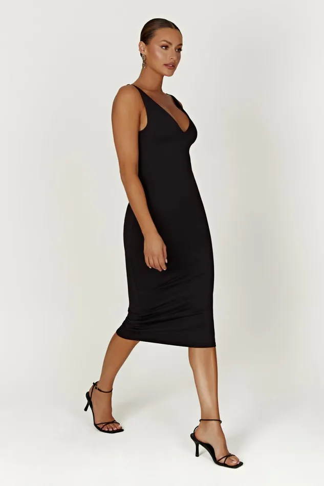 Meshki Midi Dresses Women Gretel Recycled Nylon V Neck Midi Dress 8211 Black Black