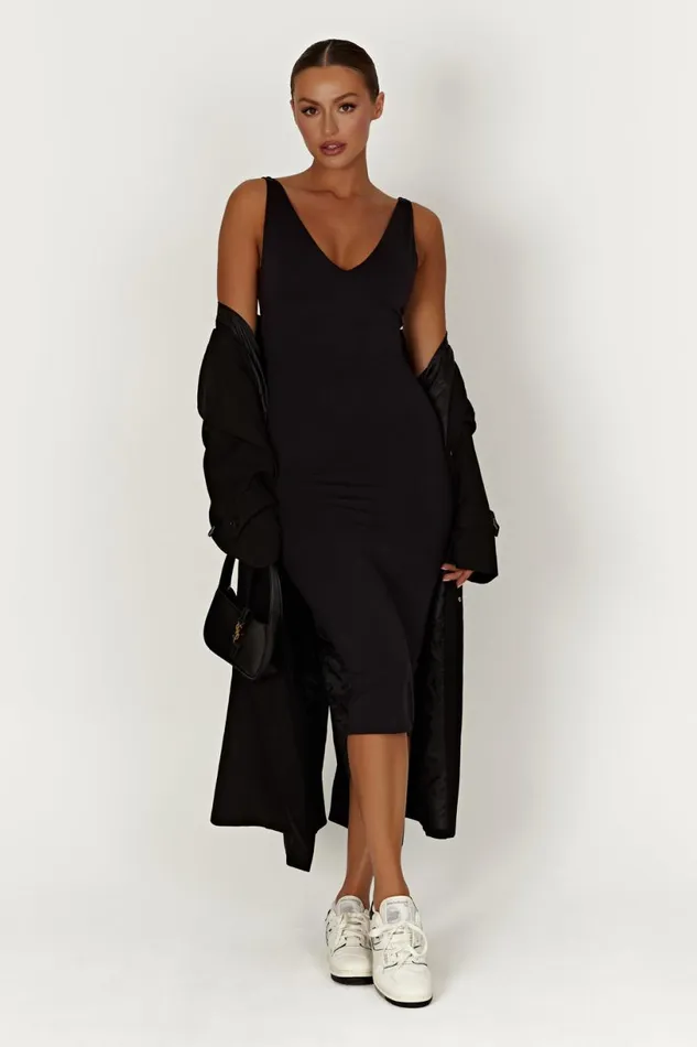 Meshki Midi Dresses Women Gretel Recycled Nylon V Neck Midi Dress 8211 Black Black