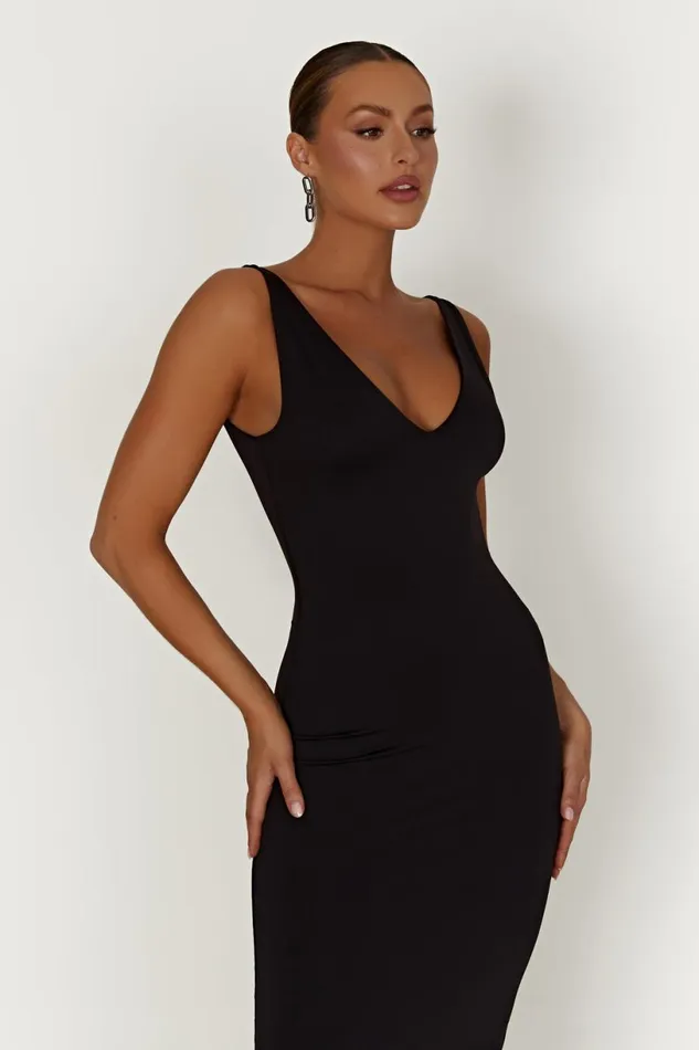 Meshki Midi Dresses Women Gretel Recycled Nylon V Neck Midi Dress 8211 Black Black