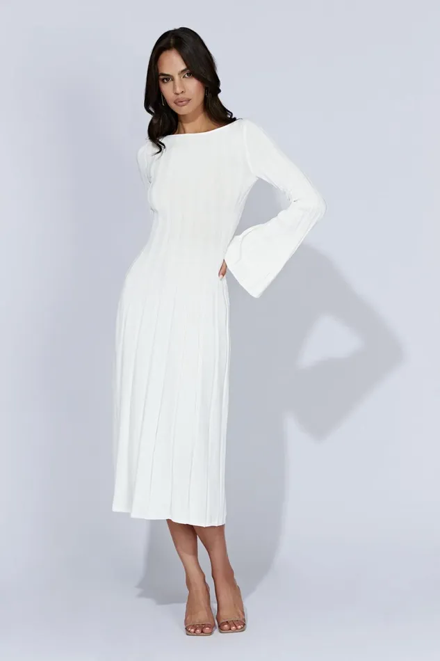Meshki Midi Dresses Women Juniper Flare Sleeve Knit Midi Dress 8211 White White