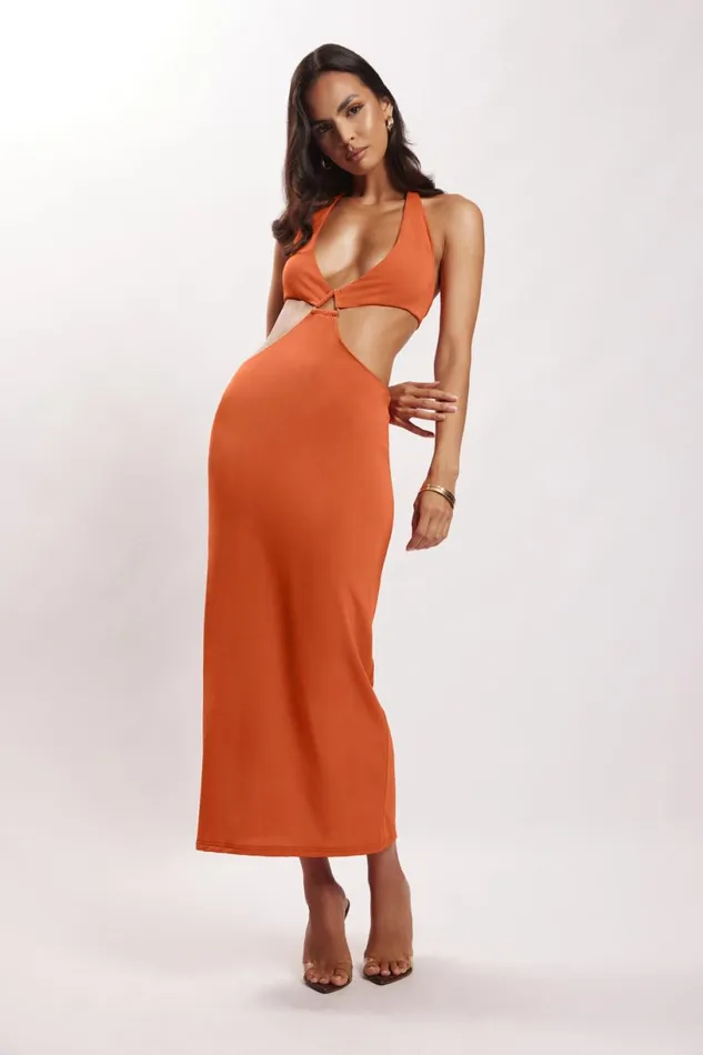 Meshki Midi Dresses Women Natalie Halter Neck Cut Out Midi Dress 8211 Burnt Orange Burntorange Meshki Midi Dresses Women Natalie Halter Neck Cut Out Midi Dress 8211 Burnt Orange Burntorange