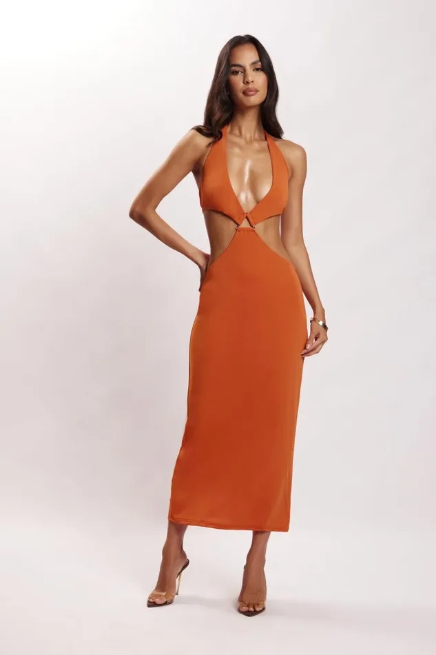 Meshki Midi Dresses Women Natalie Halter Neck Cut Out Midi Dress 8211 Burnt Orange Burntorange Meshki Midi Dresses Women Natalie Halter Neck Cut Out Midi Dress 8211 Burnt Orange Burntorange