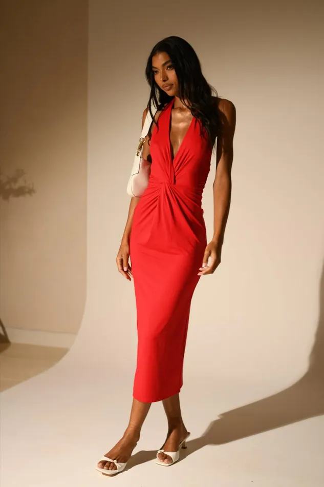 Meshki Midi Dresses Women Osana Recycled Nylon Halter Midi Dress 8211 Vermilion Red Vermilionred Meshki Midi Dresses Women Osana Recycled Nylon Halter Midi Dress 8211 Vermilion Red Vermilionred