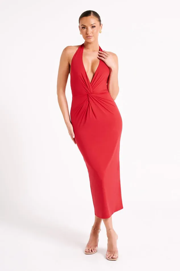 Meshki Midi Dresses Women Osana Recycled Nylon Halter Midi Dress 8211 Vermilion Red Vermilionred