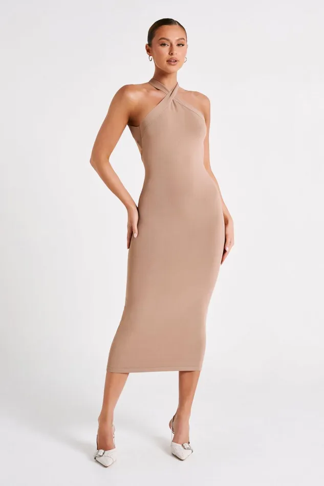 Meshki Midi Dresses Women Sarai Halter Neck Knit Midi Dress 8211 Wheat Wheat Meshki Midi Dresses Women Sarai Halter Neck Knit Midi Dress 8211 Wheat Wheat