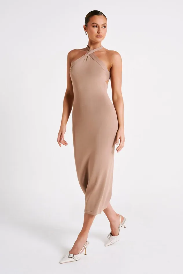 Meshki Midi Dresses Women Sarai Halter Neck Knit Midi Dress 8211 Wheat Wheat