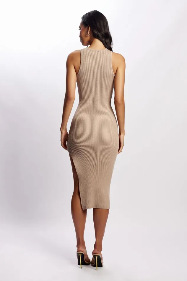 Meshki Midi Dresses Women Sienna Knee Length Knit Midi Dress With Side Split 8211 Taupe Taupe