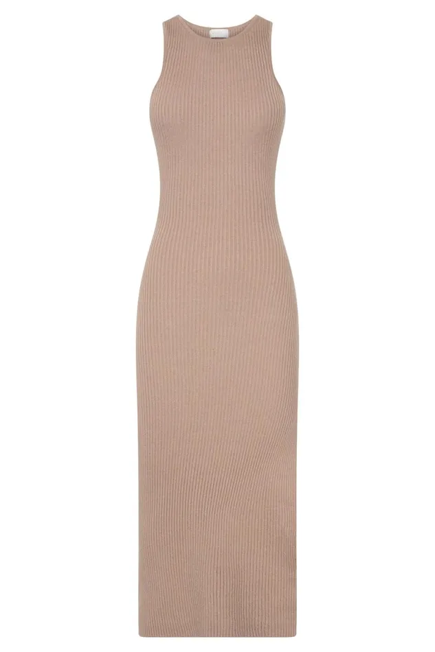 Meshki Midi Dresses Women Sienna Knee Length Knit Midi Dress With Side Split 8211 Taupe Taupe