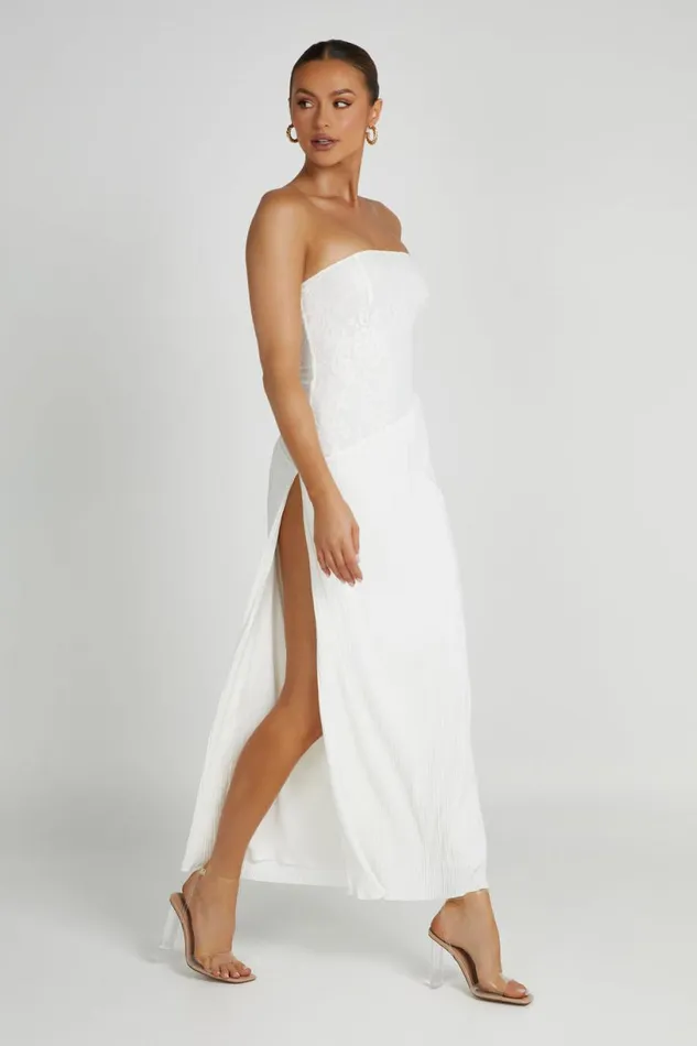 Meshki Midi Dresses Women Skye Lace Plisse Strapless Midi Dress 8211 White White