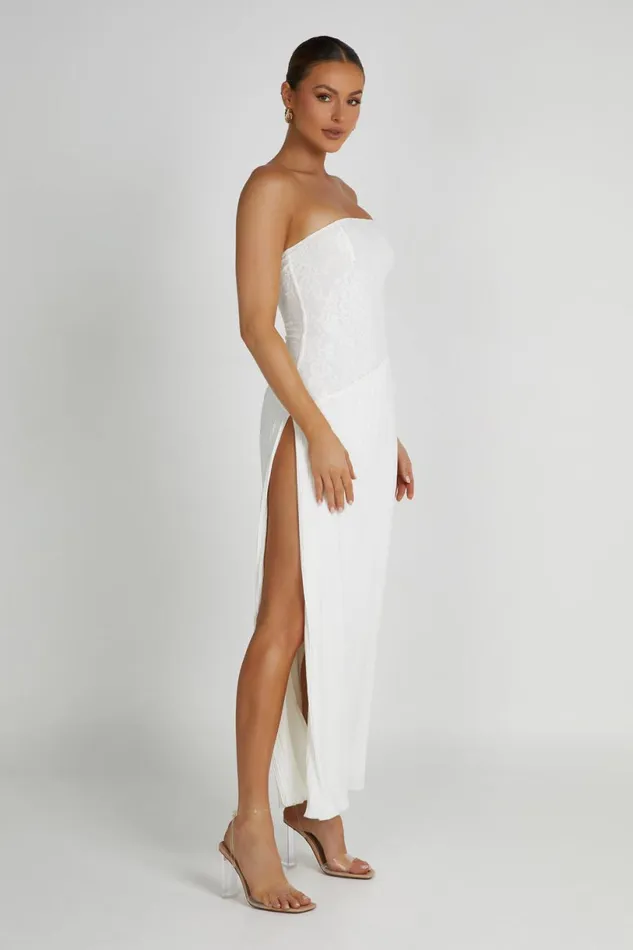 Meshki Midi Dresses Women Skye Lace Plisse Strapless Midi Dress 8211 White White