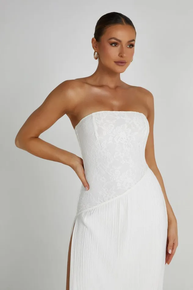 Meshki Midi Dresses Women Skye Lace Plisse Strapless Midi Dress 8211 White White