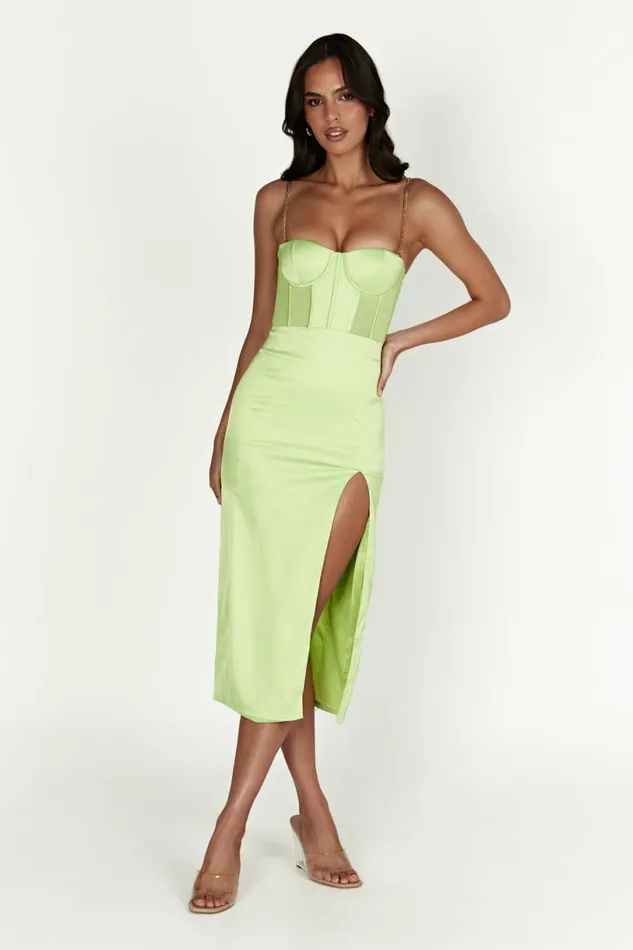 Meshki Midi Dresses Women Talisa Chain Strap Side Split Corset Midi Dress 8211 Pistachio Green Pistachiogreen