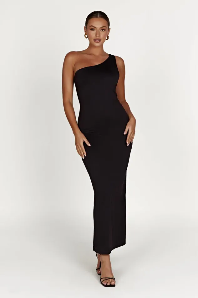 Meshki Midi Dresses Women Teagan Recycled Nylon One Shoulder Midi Dress 8211 Black Black Meshki Midi Dresses Women Teagan Recycled Nylon One Shoulder Midi Dress 8211 Black Black