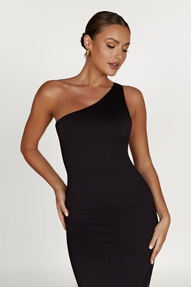 Meshki Midi Dresses Women Teagan Recycled Nylon One Shoulder Midi Dress 8211 Black Black Meshki Midi Dresses Women Teagan Recycled Nylon One Shoulder Midi Dress 8211 Black Black