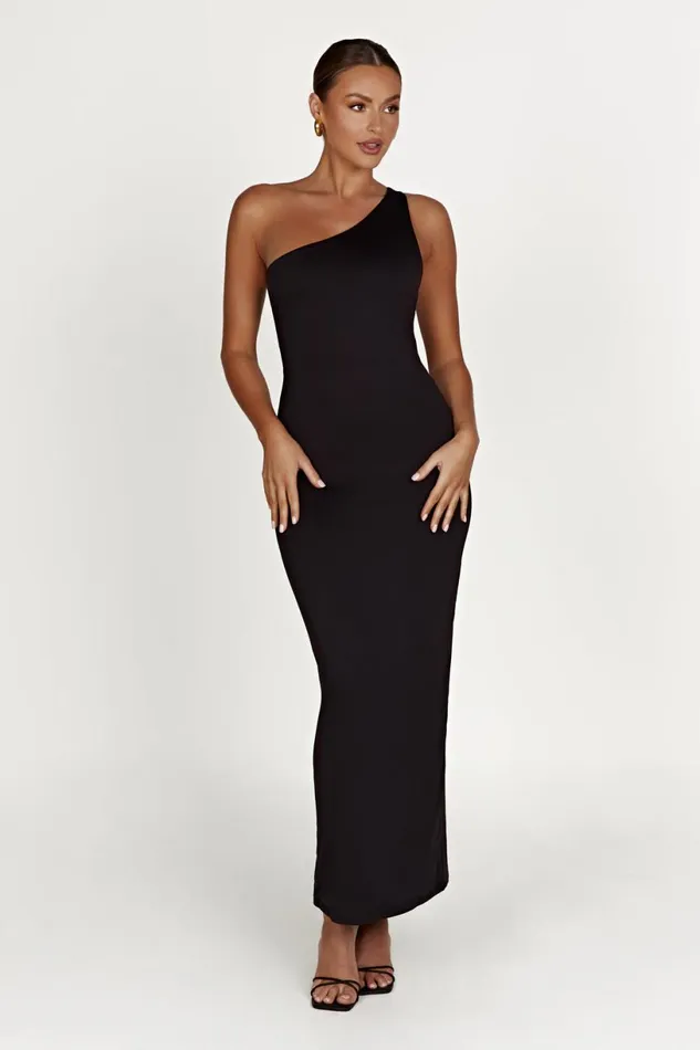 Meshki Midi Dresses Women Teagan Recycled Nylon One Shoulder Midi Dress 8211 Black Black Meshki Midi Dresses Women Teagan Recycled Nylon One Shoulder Midi Dress 8211 Black Black