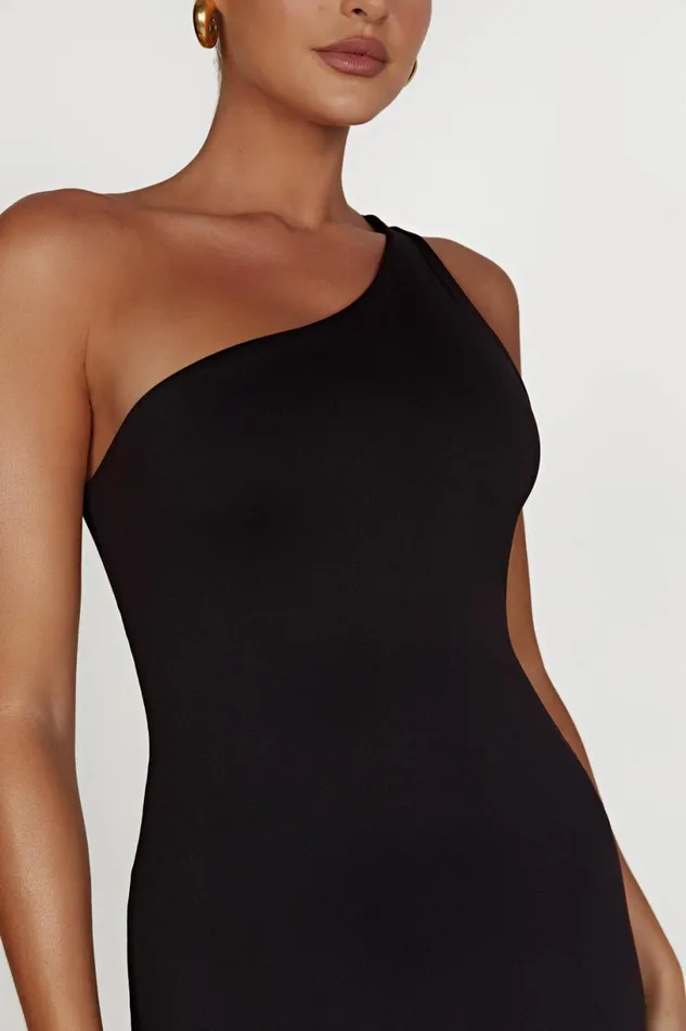 Meshki Midi Dresses Women Teagan Recycled Nylon One Shoulder Midi Dress 8211 Black Black Meshki Midi Dresses Women Teagan Recycled Nylon One Shoulder Midi Dress 8211 Black Black