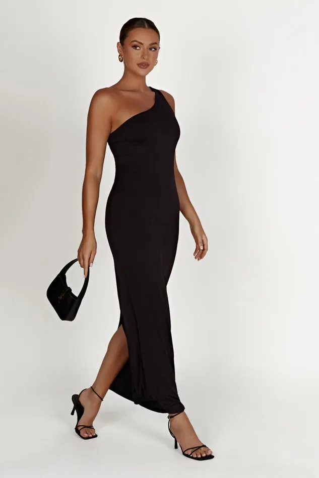 Meshki Midi Dresses Women Teagan Recycled Nylon One Shoulder Midi Dress 8211 Black Black Meshki Midi Dresses Women Teagan Recycled Nylon One Shoulder Midi Dress 8211 Black Black