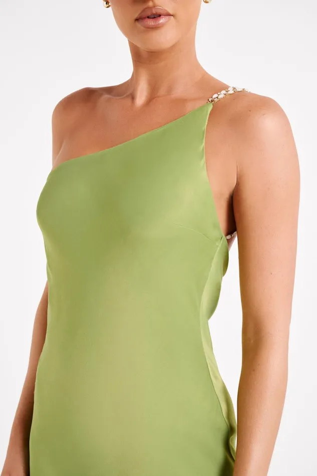 Meshki Mini Dresses Women Berina One Shoulder Mini Dress With Pearl Trim 8211 Parakeet Green Parakeetgreen