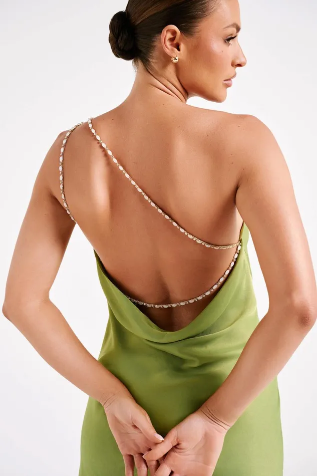 Meshki Mini Dresses Women Berina One Shoulder Mini Dress With Pearl Trim 8211 Parakeet Green Parakeetgreen