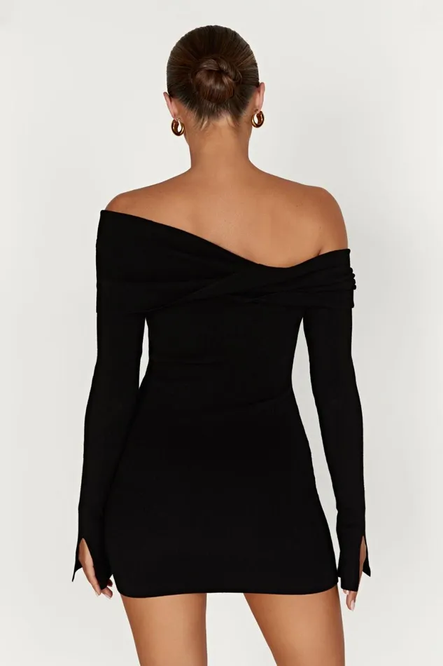Meshki Mini Dresses Women Clover Off Shoulder Knit Mini Dress 8211 Black Black