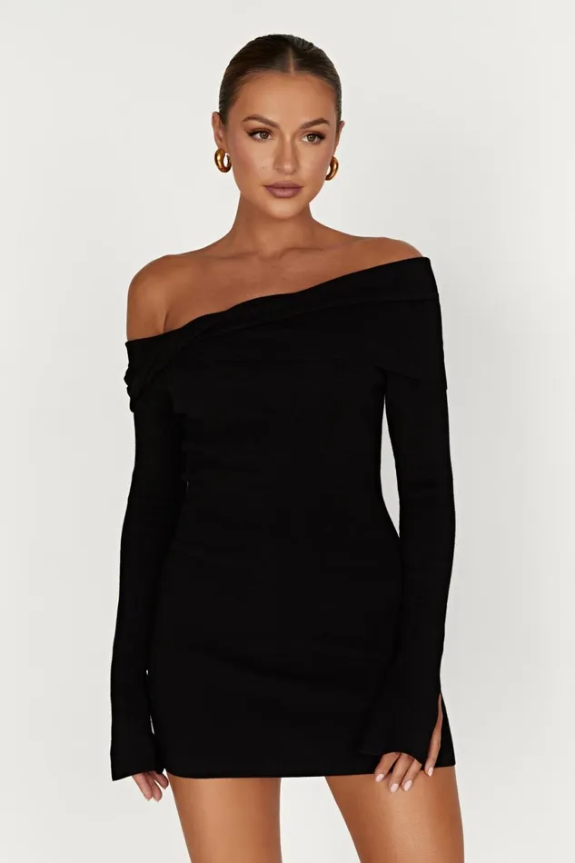Meshki Mini Dresses Women Clover Off Shoulder Knit Mini Dress 8211 Black Black