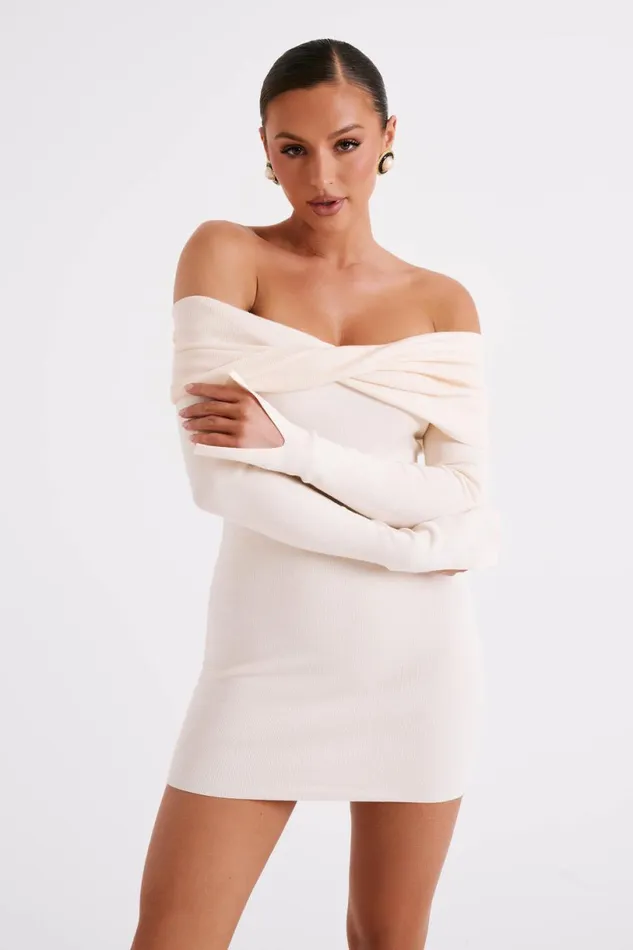 Meshki Mini Dresses Women Clover Off Shoulder Knit Mini Dress 8211 Cream Cream Meshki Mini Dresses Women Clover Off Shoulder Knit Mini Dress 8211 Cream Cream