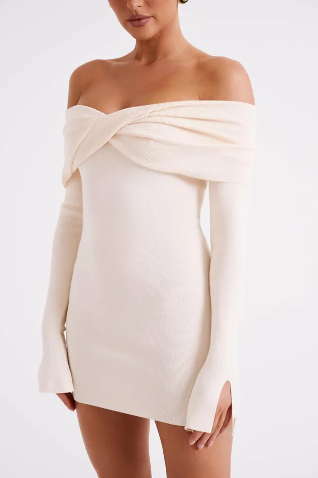 Meshki Mini Dresses Women Clover Off Shoulder Knit Mini Dress 8211 Cream Cream